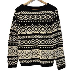 Y2K Eddie Bauer Women’s Fair Isle Nordic Sweater Small Black Cream Cotton Blend